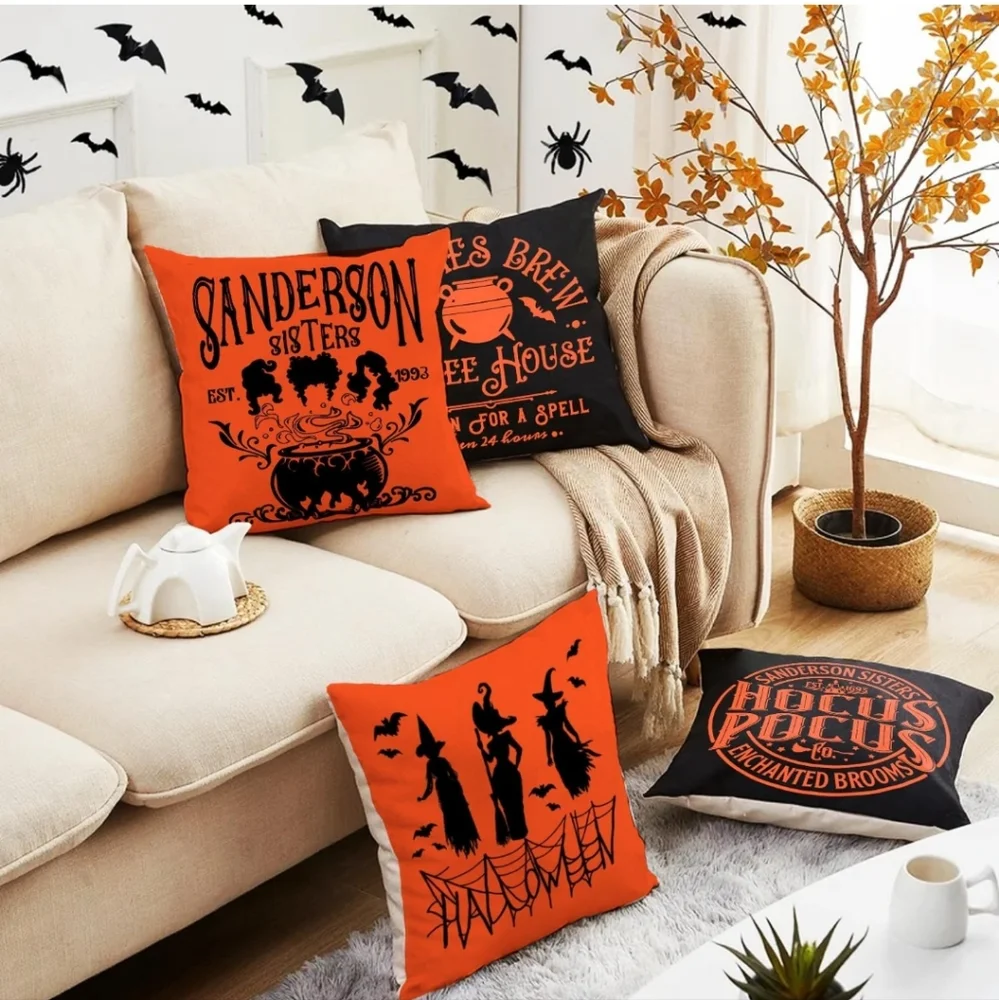 Halloween Pillow Covers Set - Witches Orange and Black Hocus Pocus Sanderson